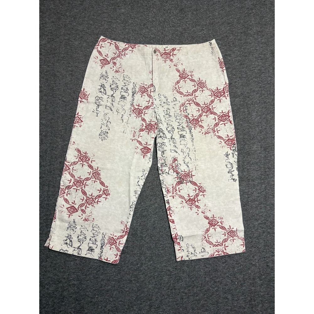 Chico's Design Cropped Pants Womens 3 Beige Ramie Graphic Print Straight Leg